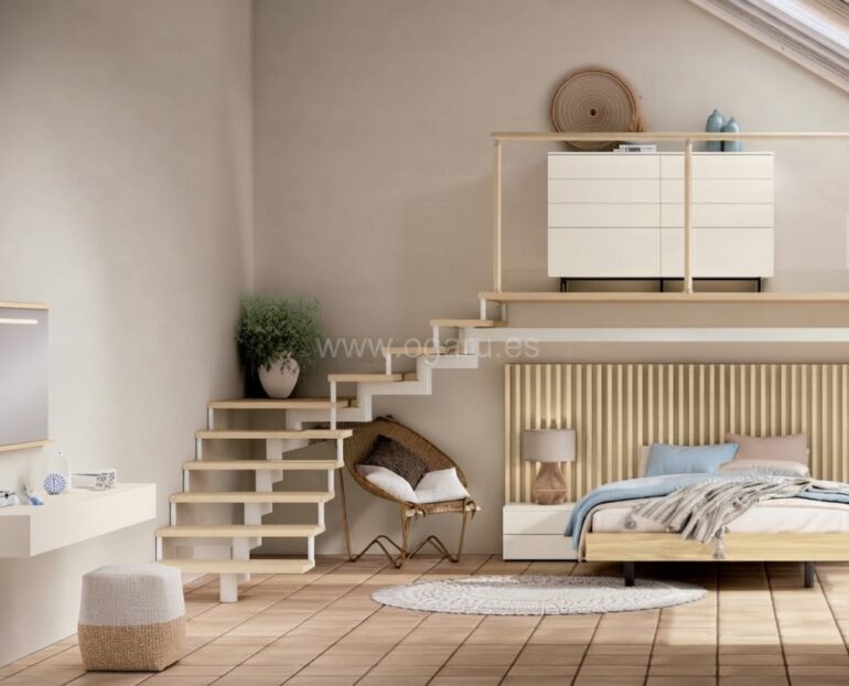 "Dormitorio juvenil moderno de la colección El diario de Clara de Muebles Torga con cama matrimonio,."