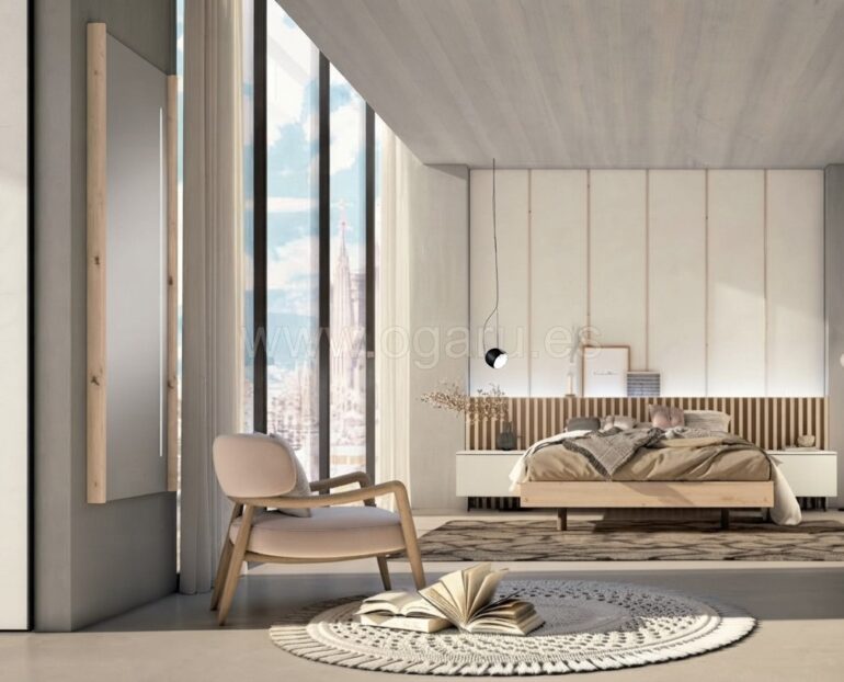 "Dormitorio juvenil moderno de la colección El diario de Clara de Muebles Torga con cama matrimonio,."