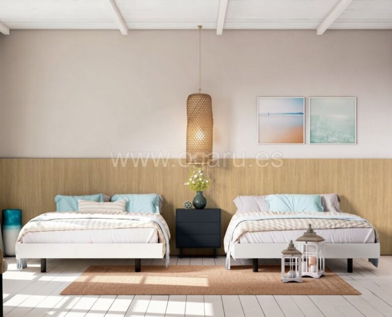 "Dormitorio juvenil moderno de la colección El diario de Clara de Muebles Torga con cama matrimonio,."