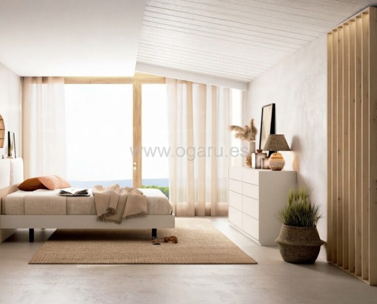 "Dormitorio juvenil moderno de la colección El diario de Clara de Muebles Torga con cama matrimonio,."