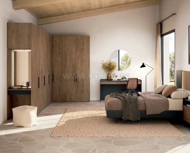 "Dormitorio juvenil moderno de la colección El diario de Clara de Muebles Torga con cama matrimonio,."