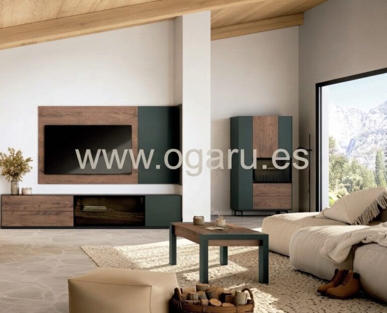 Salón moderno amueblado con muebles de Muebles Torga de la colección El diario de Clara, compuesto por mueble moderno