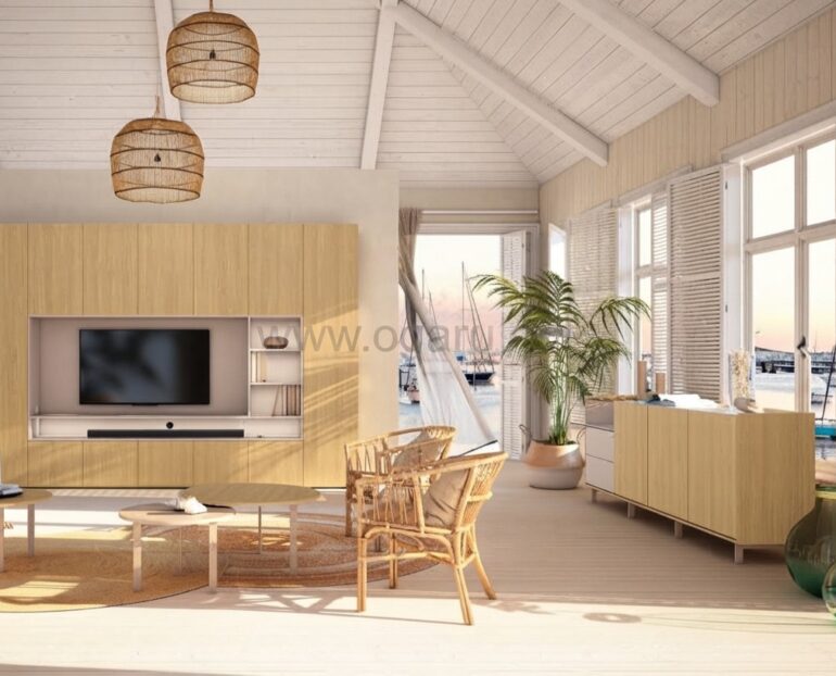 Salón moderno amueblado con muebles de Muebles Torga de la colección El diario de Clara, compuesto por mueble moderno
