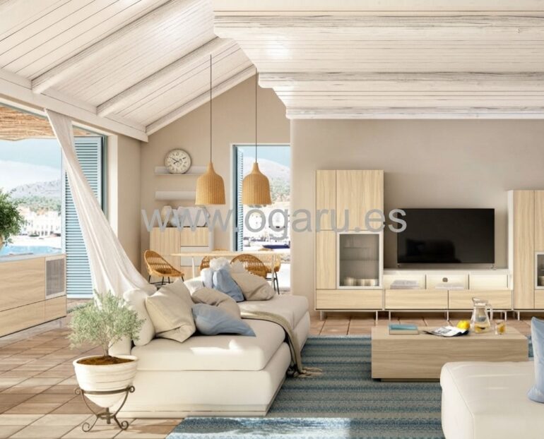 Salón moderno amueblado con muebles de Muebles Torga de la colección El diario de Clara, compuesto por mueble moderno