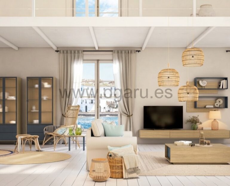 Salón moderno amueblado con muebles de Muebles Torga de la colección El diario de Clara, compuesto por mueble moderno