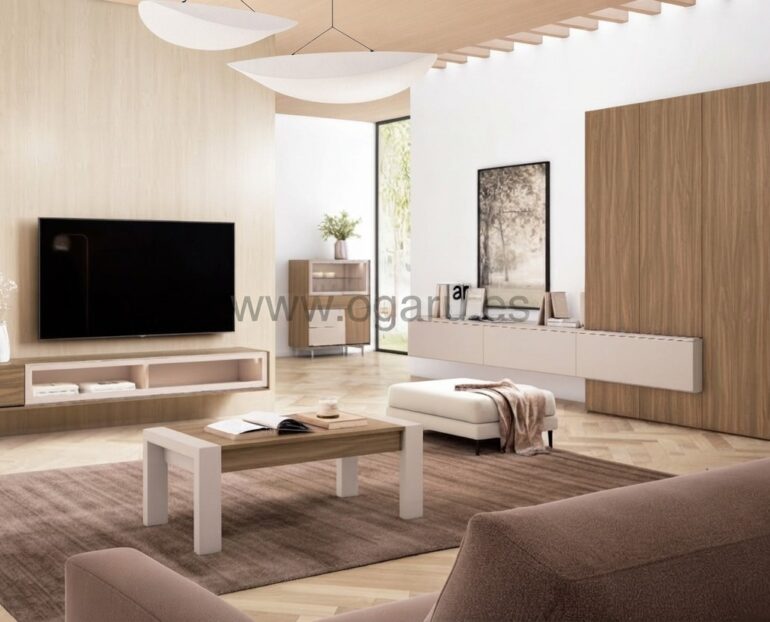 Salón moderno amueblado con muebles de Muebles Torga de la colección El diario de Clara, compuesto por mueble moderno
