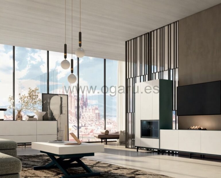Salón moderno amueblado con muebles de Muebles Torga de la colección El diario de Clara, compuesto por mueble moderno