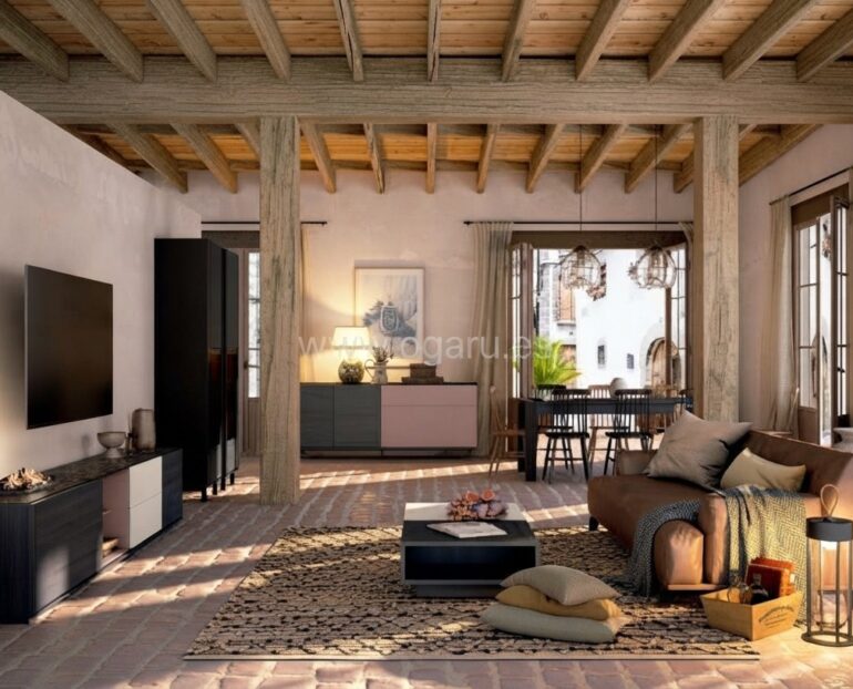 Salón moderno amueblado con muebles de Muebles Torga de la colección El diario de Clara, compuesto por mueble moderno