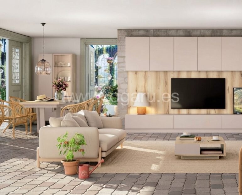 Salón moderno amueblado con muebles de Muebles Torga de la colección El diario de Clara, compuesto por mueble moderno