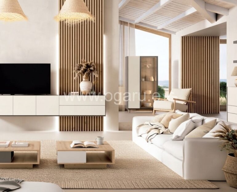 Salón moderno amueblado con muebles de Muebles Torga de la colección El diario de Clara, compuesto por mueble moderno