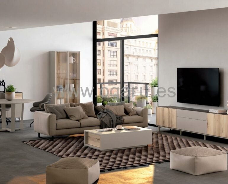 Salón moderno amueblado con muebles de Muebles Torga de la colección El diario de Clara, compuesto por mueble moderno