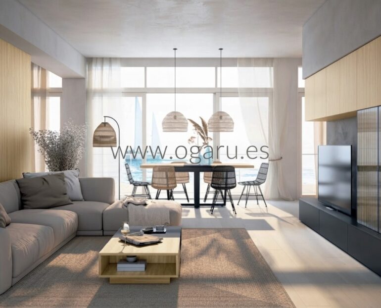 Salón moderno amueblado con muebles de Muebles Torga de la colección El diario de Clara, compuesto por mueble moderno