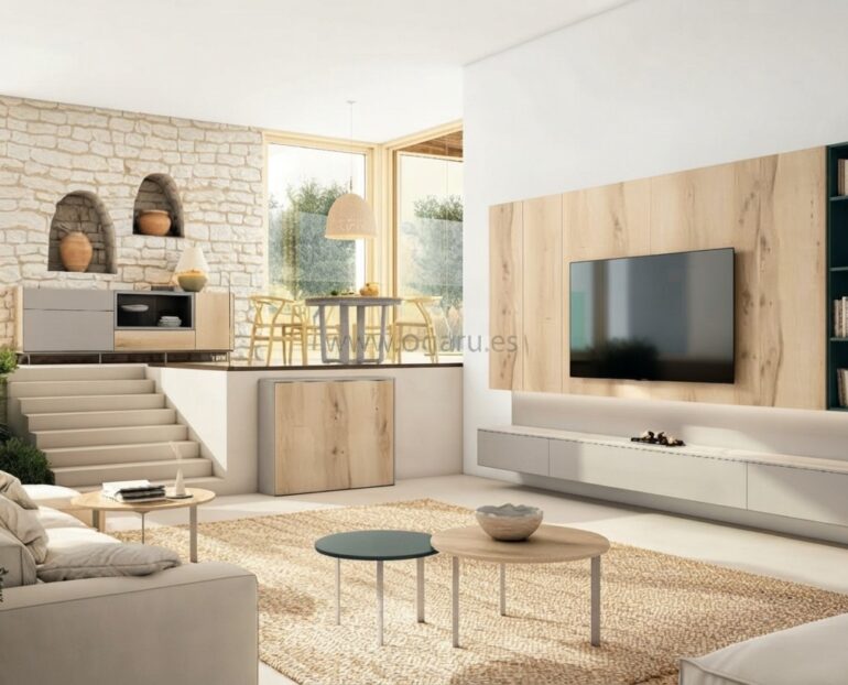 Salón moderno amueblado con muebles de Muebles Torga de la colección El diario de Clara, compuesto por mueble moderno
