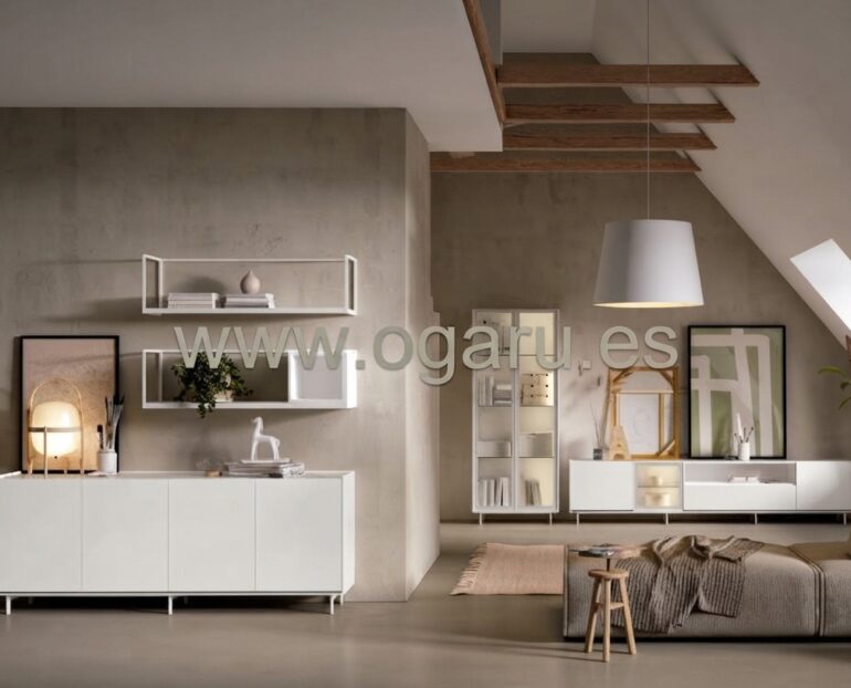Salón moderno amueblado con muebles de Muebles Torga de la colección El diario de Clara, compuesto por mueble moderno